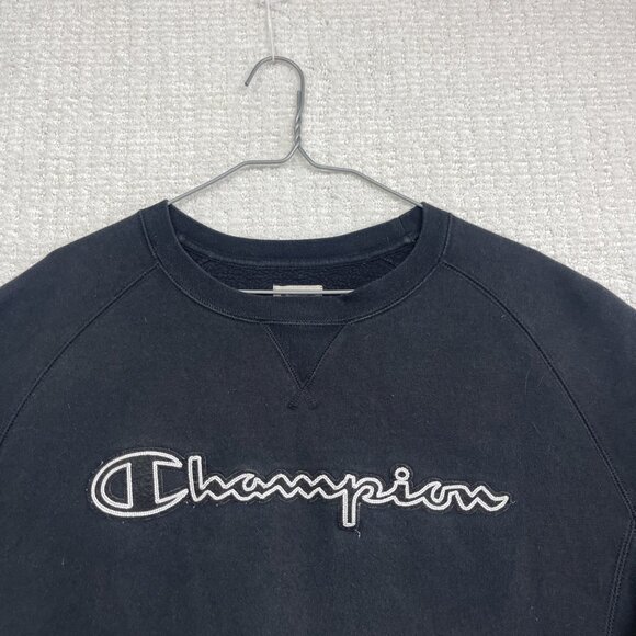 Champion Sweatshirt Men L Black White Crew Neck Sweater Script Spell Out - Picture 2 of 13